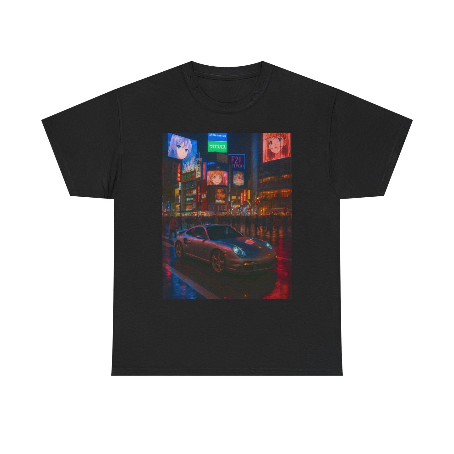 Neon Cityscape Tee Retro Anime Urban Style, Graphic T Shirt