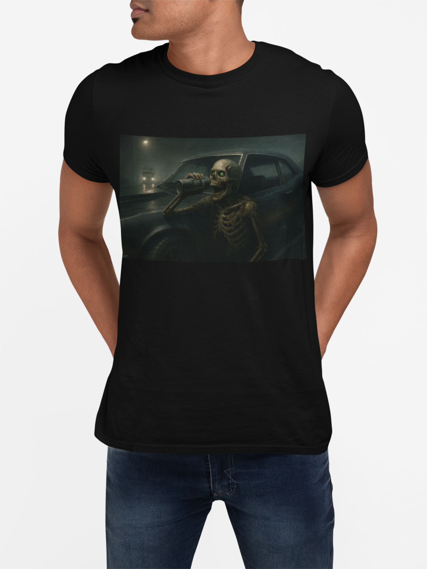 RF Skeleton Muscle Car Rain Scene | Dark Automotive Streetwear Art